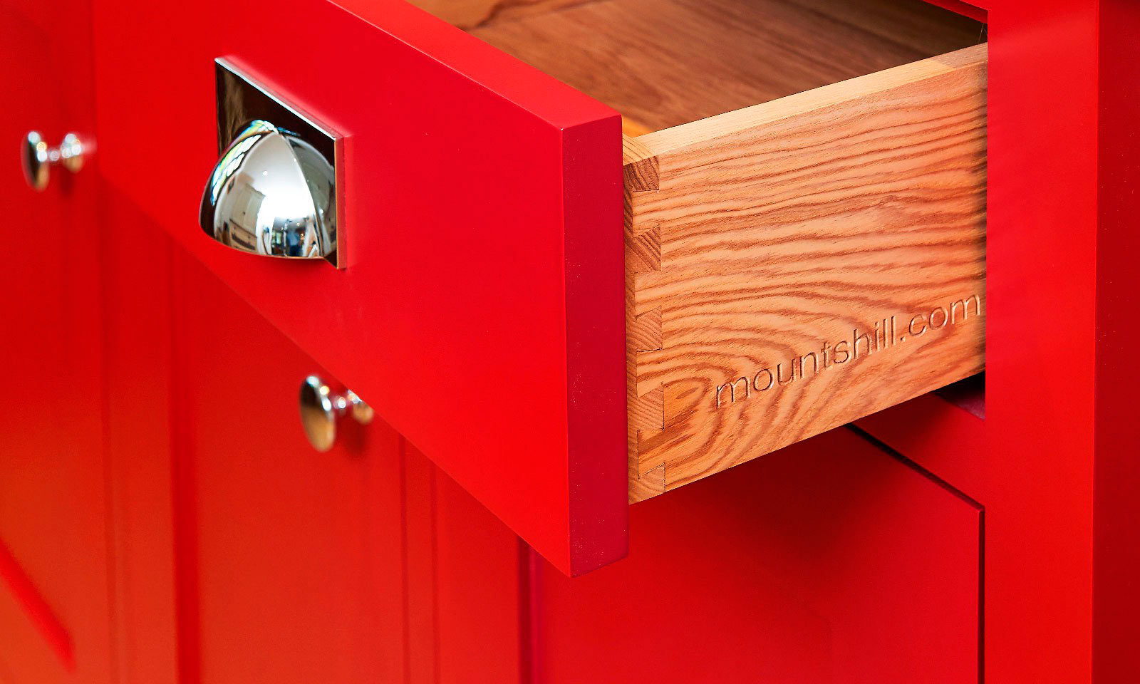 Scarlet Dresser. A bespoke, handmade, hand-painted traditional red dresser, for inclusion in a classic shaker style kitchen. Manufactured with an ash top and bright polished chrome cup handles, another future antique from Mounts Hill Woodcraft.