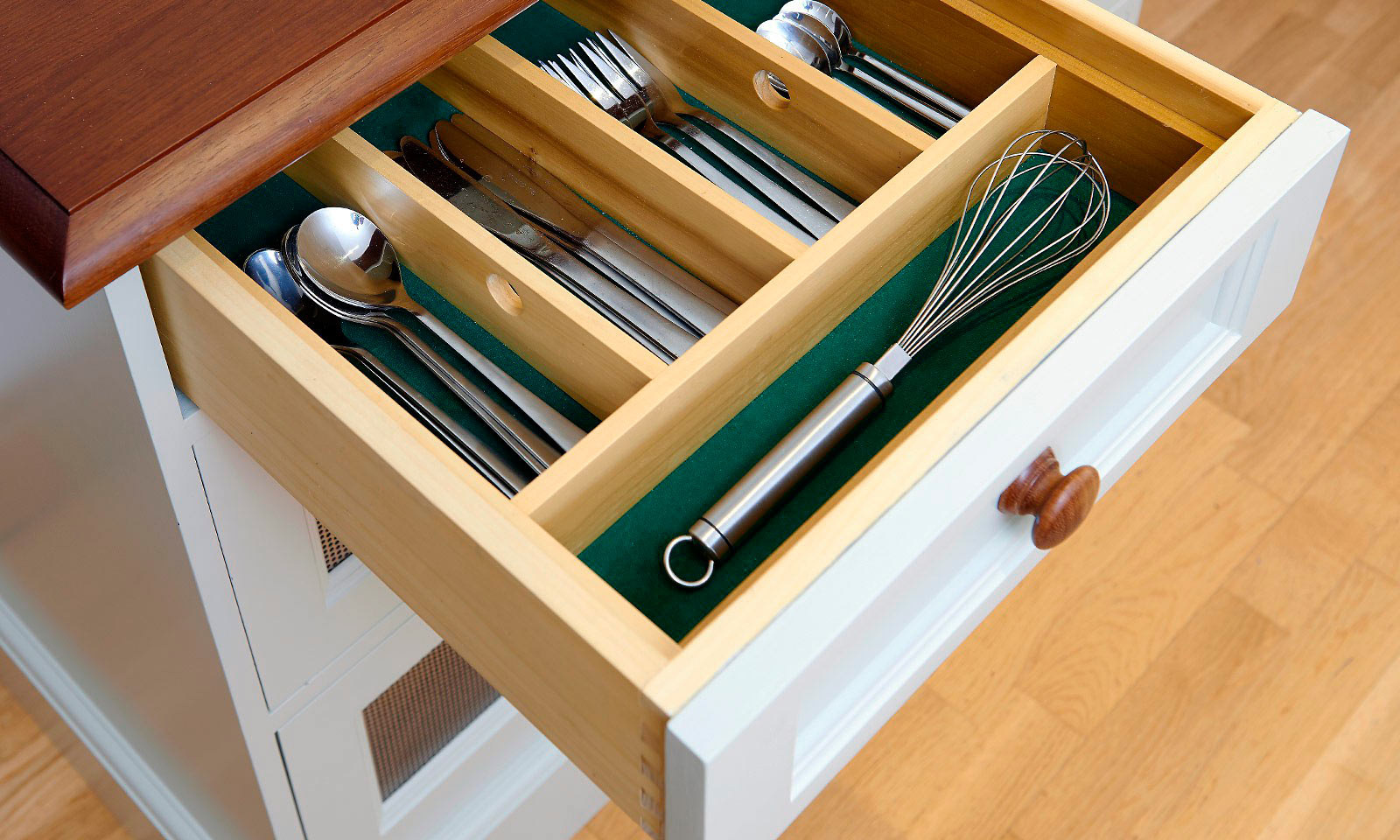 Farrow & Ball Hand Painted Larder. A classically designed, hand-painted larder, with bread and vegetable drawers, wine and spice racks. The perfect addition to any traditional kitchen. A unique bespoke piece with hardwood shelving, hand-finished by our skilled cabinet makers at Mounts Hill Woodcraft.