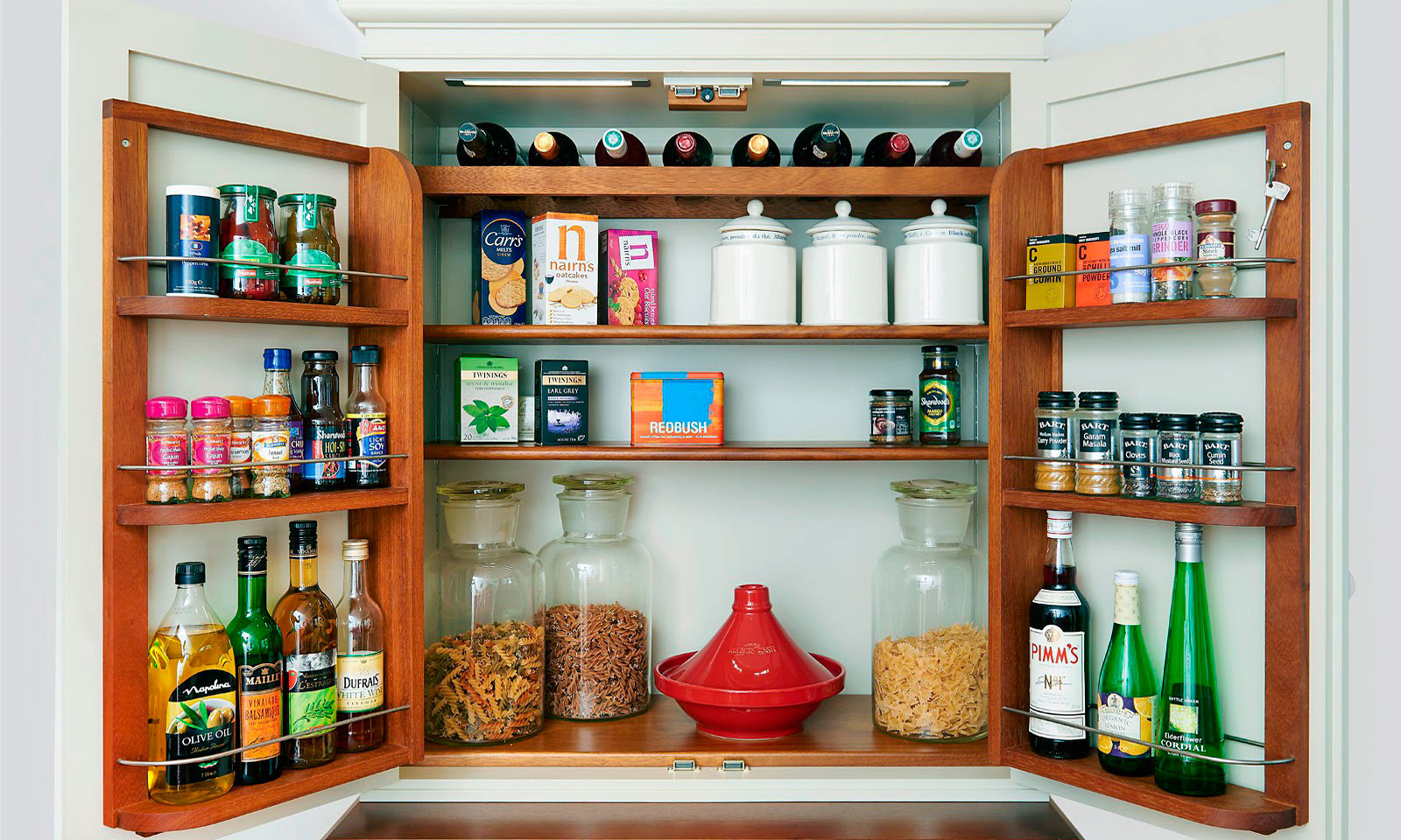 Farrow & Ball Hand Painted Larder. A classically designed, hand-painted larder, with bread and vegetable drawers, wine and spice racks. The perfect addition to any traditional kitchen. A unique bespoke piece with hardwood shelving, hand-finished by our skilled cabinet makers at Mounts Hill Woodcraft.