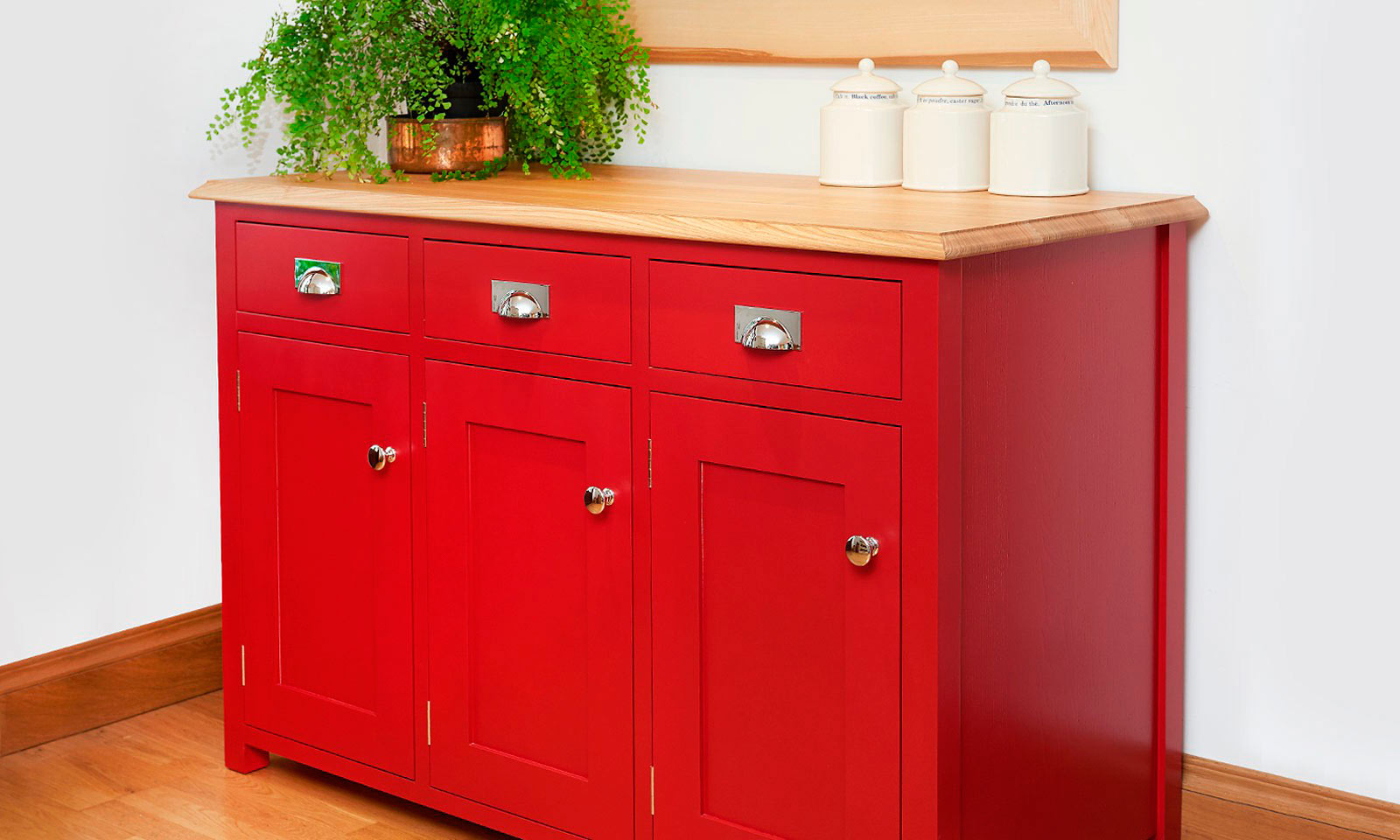 Scarlet Dresser. A bespoke, handmade, hand-painted traditional red dresser, for inclusion in a classic shaker style kitchen. Manufactured with an ash top and bright polished chrome cup handles, another future antique from Mounts Hill Woodcraft.