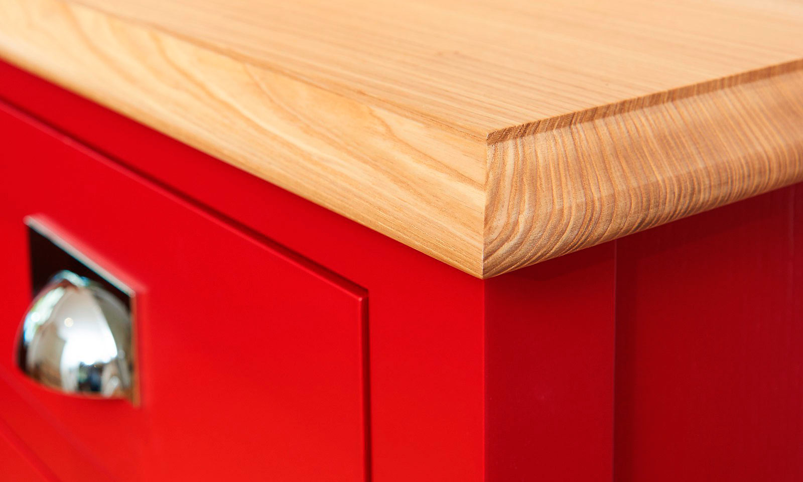 Scarlet Dresser. A bespoke, handmade, hand-painted traditional red dresser, for inclusion in a classic shaker style kitchen. Manufactured with an ash top and bright polished chrome cup handles, another future antique from Mounts Hill Woodcraft.