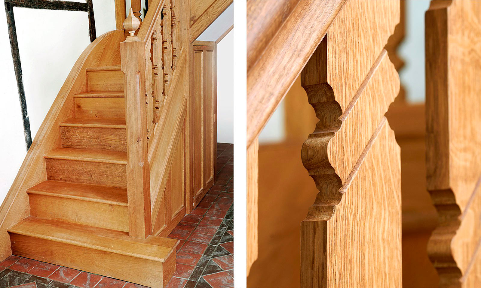 Gothic Staircase. Bespoke, custom made, hand-crafted, stairs, made using traditional wood-working techniques and manufactured out of solid European oak. Bespoke custom made joinery from Mounts Hill Woodcraft.