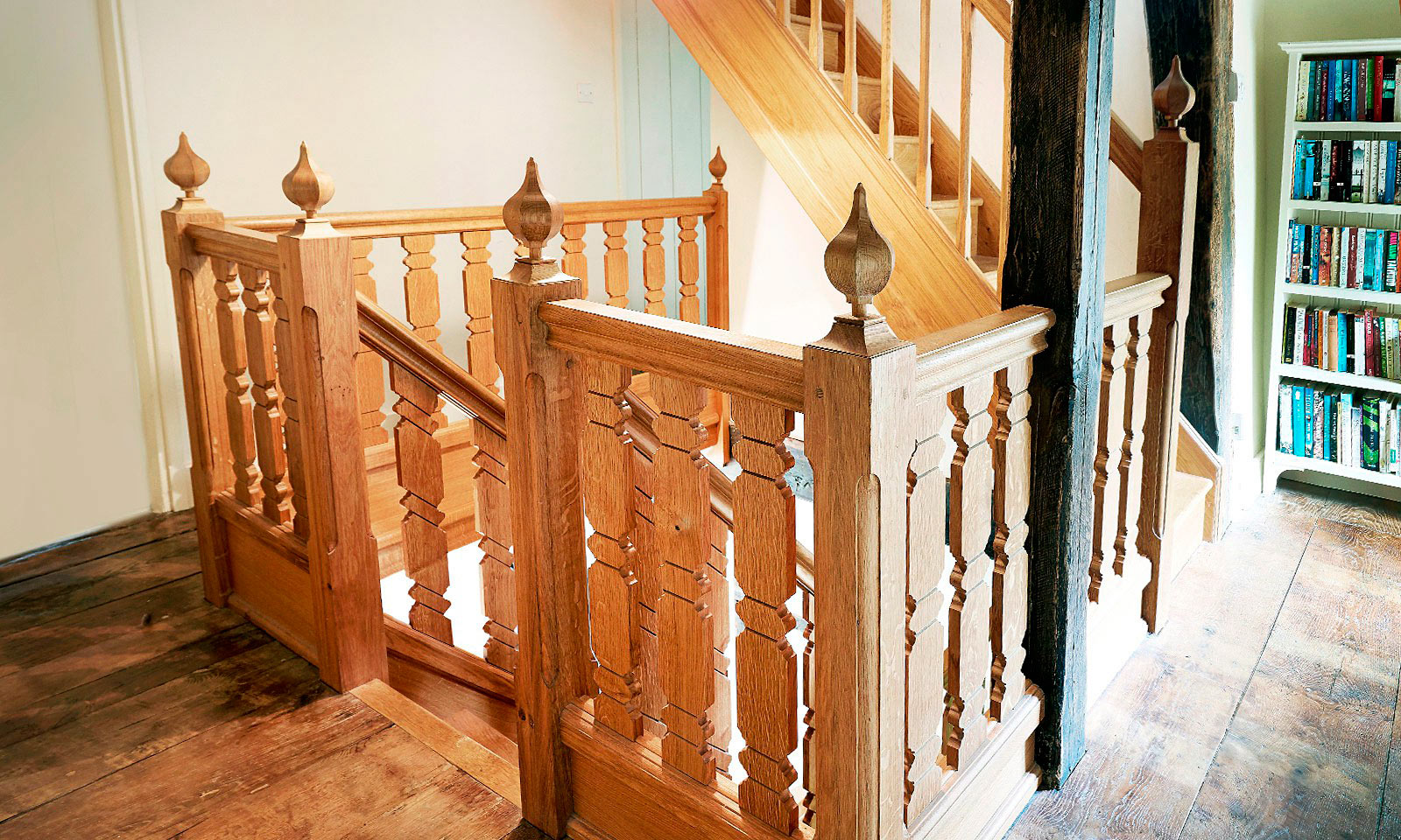 Gothic Staircase. Bespoke, custom made, hand-crafted, stairs, made using traditional wood-working techniques and manufactured out of solid European oak. Bespoke custom made joinery from Mounts Hill Woodcraft.