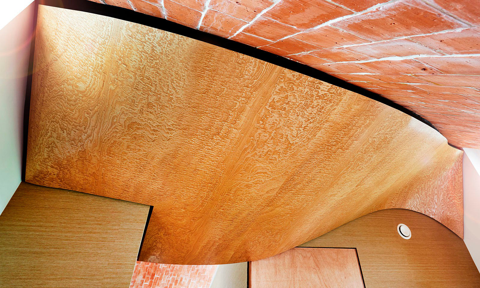 Verity's ceiling. A bespoke hand-crafted, timber ceiling, designed for Crossway, Hawkes Architect's para 55 eco-house. Featured on Grand Designs this unique stucture was manufactured from veneered Japanese birds eye ash and installed by the skilled joiners from Mounts Hill Woodcraf