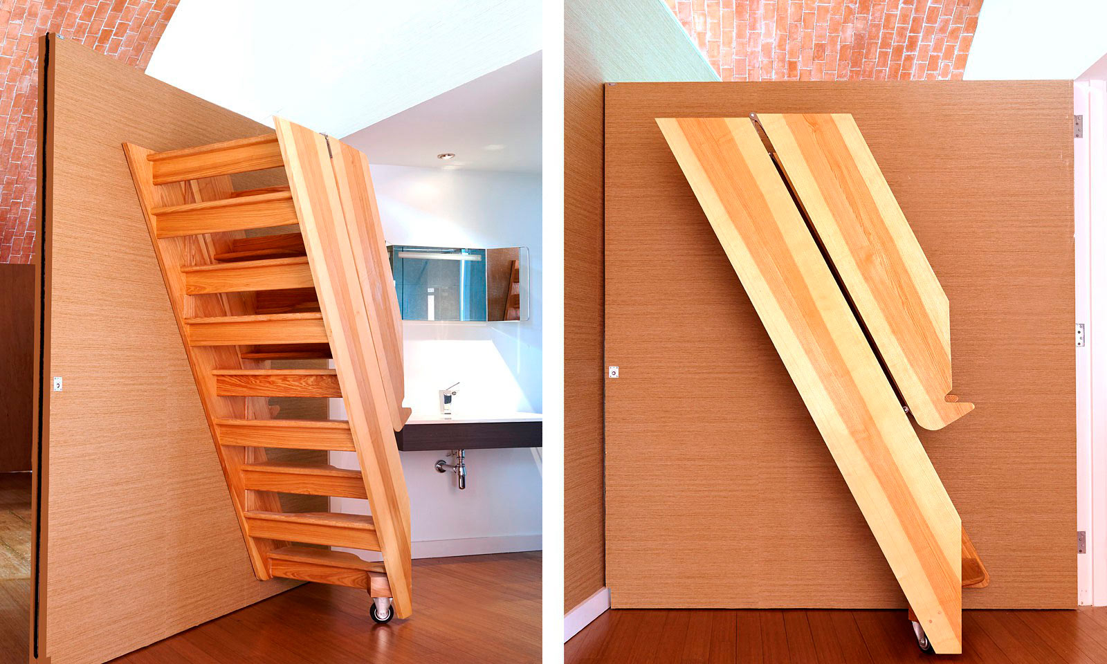 Fold out staircase. Bespoke, custom made, hand-crafted, hardwood timber steps to access a storage area at 'Crossway', a para 55 eco-house. Featured on Grand Designs, these steps are cleverly mounted to the back of an internal room divider and were installed by the skilled joiners at Mounts Hill Woodcraft.